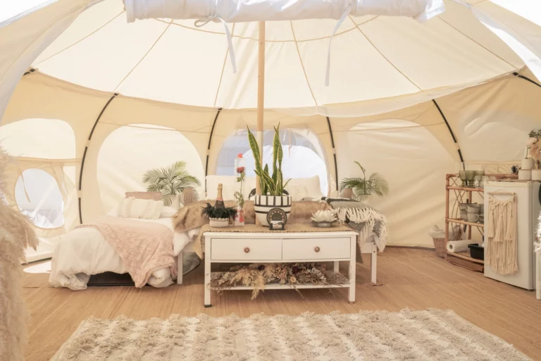A view inside glamourous tent for glamping in Latvia